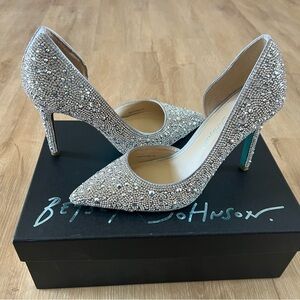 Betsey Johnson Hazil Silver Satin Rhinestone Pumps